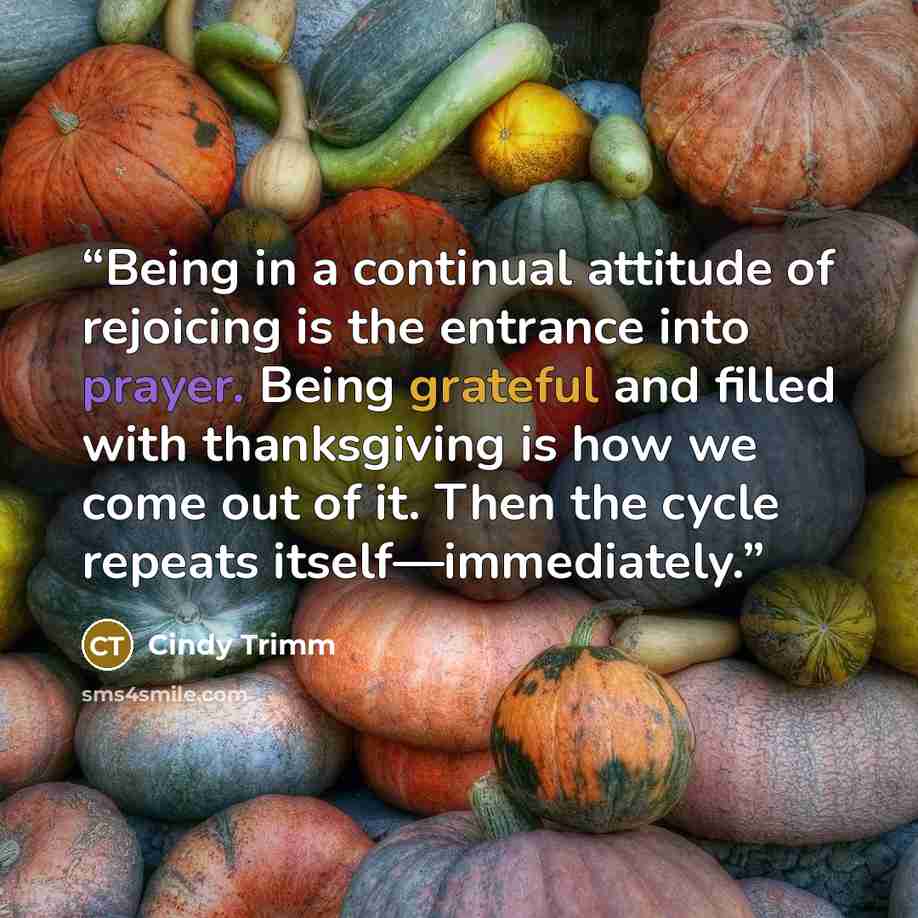 “Being in a continual attitude of rejoicing is the entrance into prayer. Being grateful and filled with thanksgiving is how we come out of it. Then the cycle repeats itself—immediately.” quote by Cindy Trimm