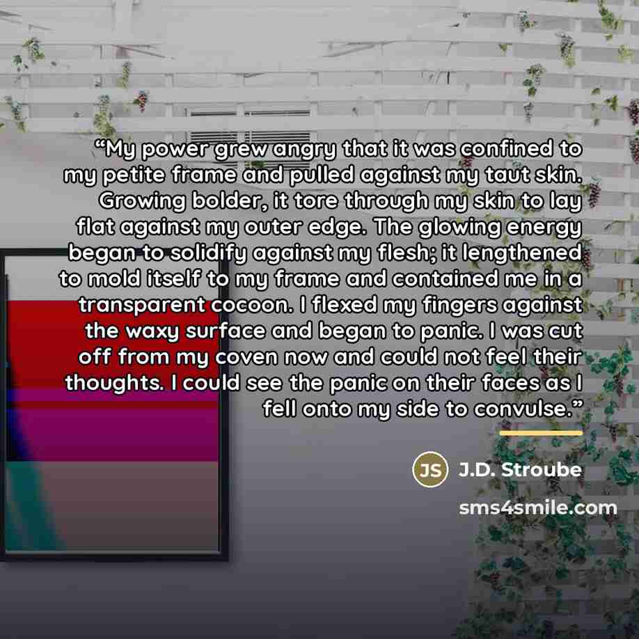 “My power grew angry that it was confined to my petite frame and pulled against my taut skin. Growing bolder, it tore through my skin to lay flat against my outer edge. The glowing energy began to solidify against my flesh; it lengthened to mold itself to my frame and contained me in a transparent…” quote by J.D. Stroube