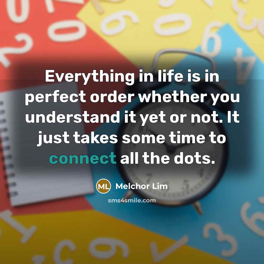 “Everything in life is in perfect order whether you understand it yet or not. It just takes some time to connect all the dots.” quote by Melchor Lim