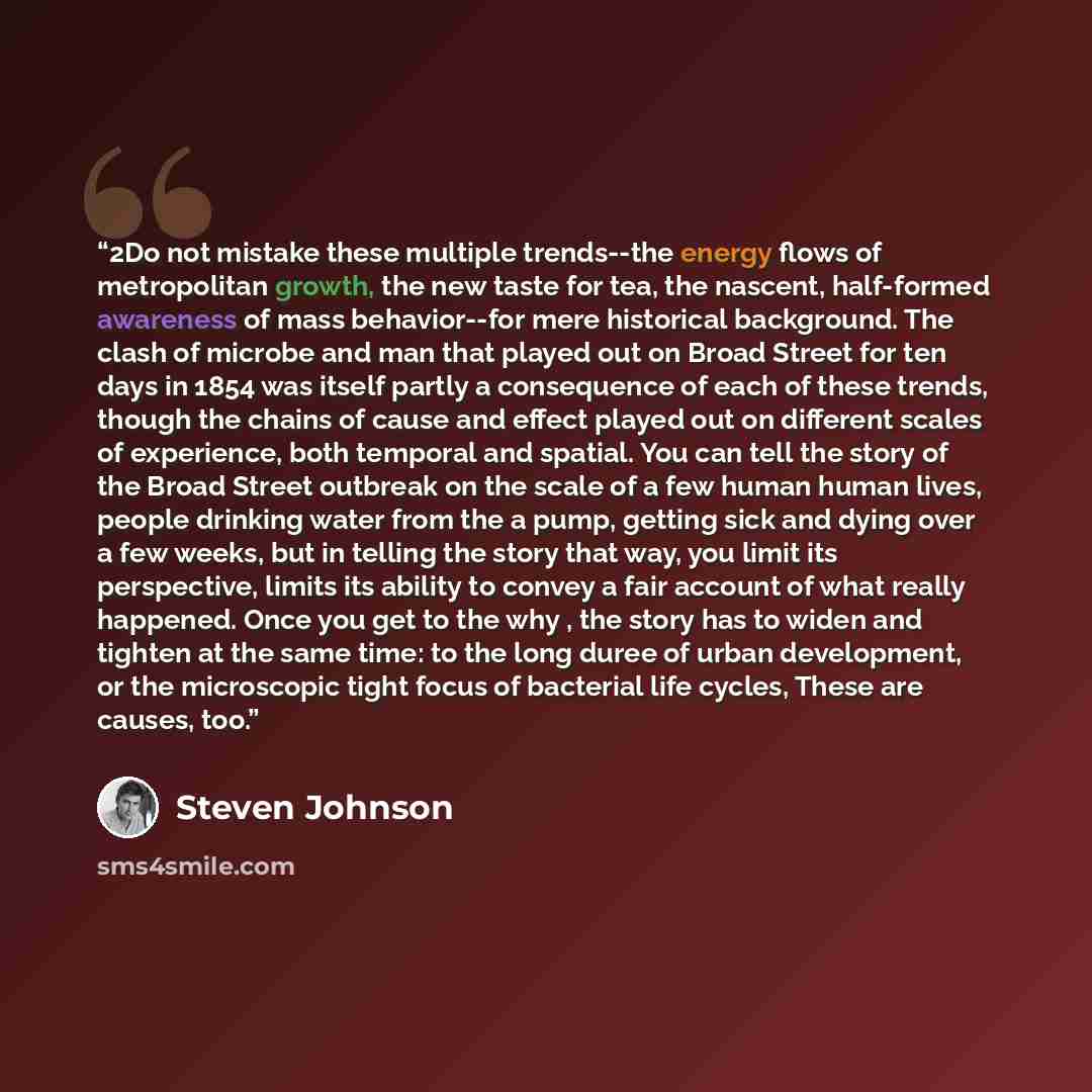 “2Do not mistake these multiple trends--the energy flows of metropolitan growth, the new taste for tea, the nascent, half-formed awareness of mass behavior--for mere historical background. The clash of microbe and man that played out on Broad Street for ten days in 1854 was itself partly a…” quote by Steven Johnson