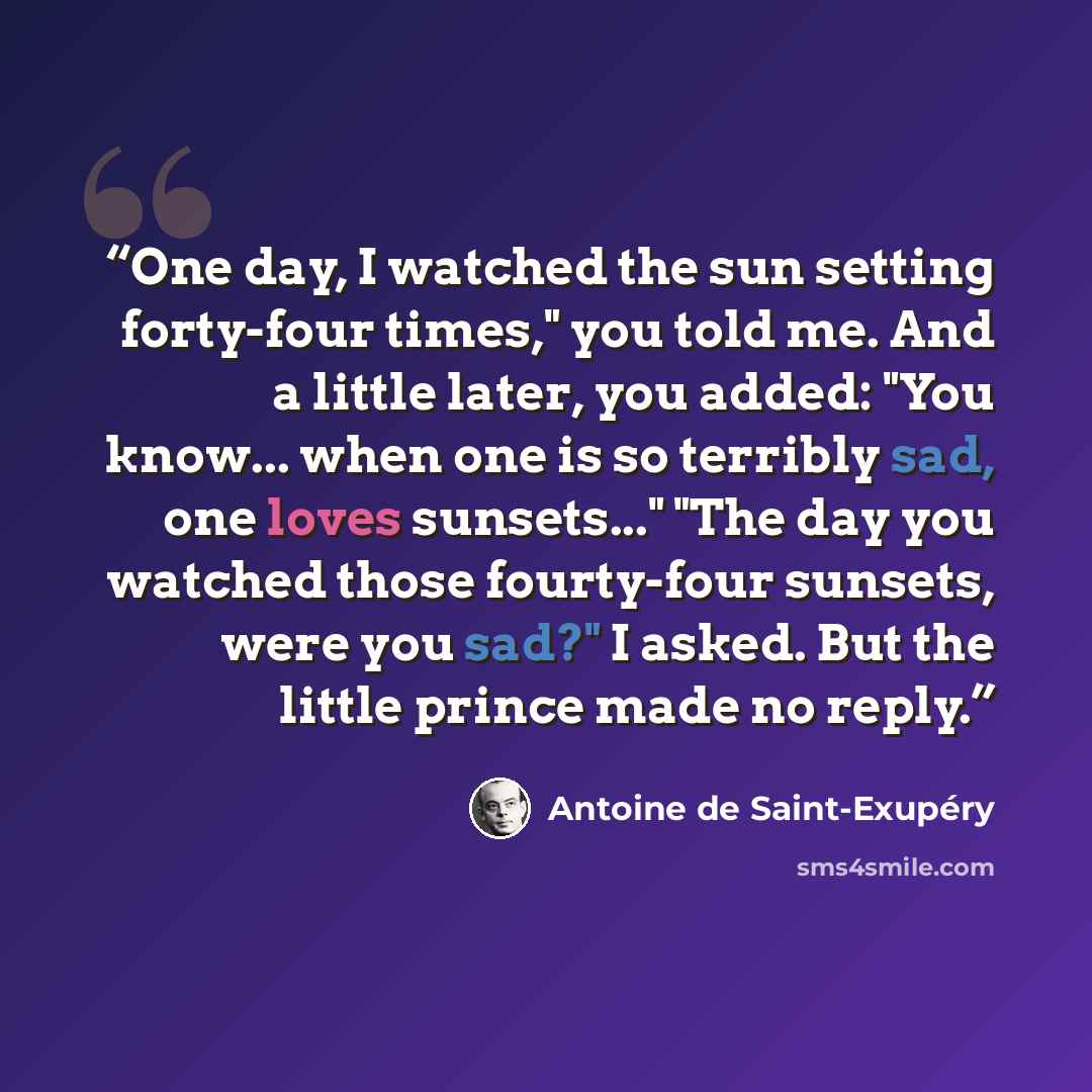 “One day, I watched the sun setting forty-four times," you told me. And a little later, you added: "You know... when one is so terribly sad, one loves sunsets..." "The day you watched those fourty-four sunsets, were you sad?" I asked. But the little prince made no reply.” quote by Antoine de Saint-Exupéry