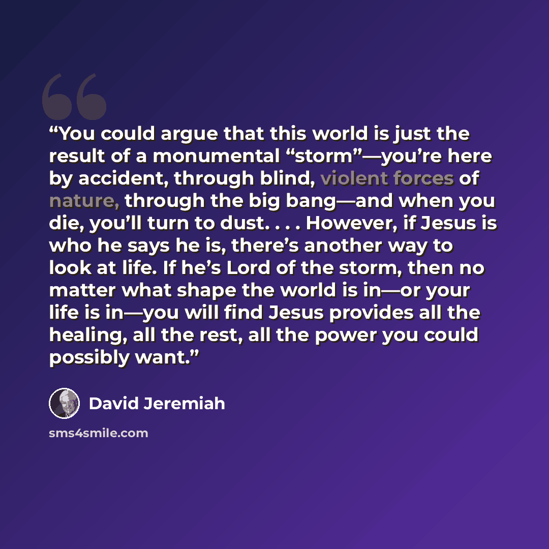 “You could argue that this world is just the result of a monumental “storm”—you’re here by accident, through blind, violent forces of nature, through the big bang—and when you die, you’ll turn to dust. . . . However, if Jesus is who he says he is, there’s another way to look at life. If he’s Lord…” quote by David Jeremiah