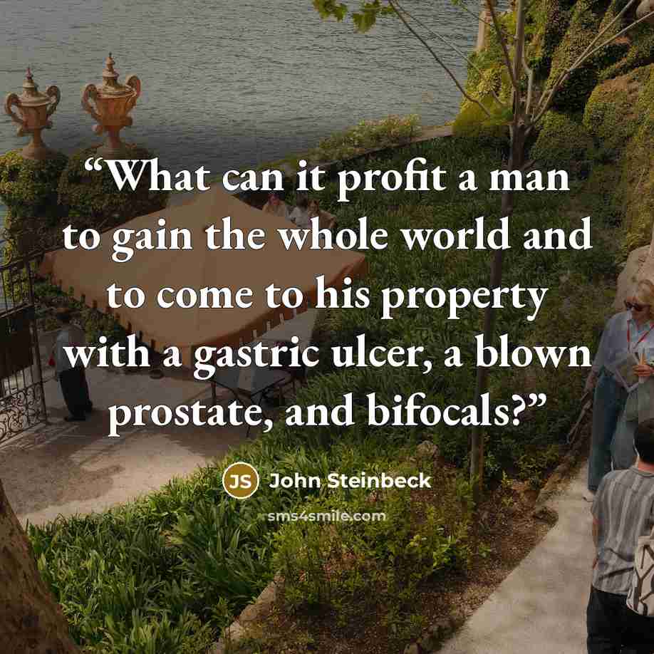 “What can it profit a man to gain the whole world and to come to his property with a gastric ulcer, a blown prostate, and bifocals?” quote by John Steinbeck