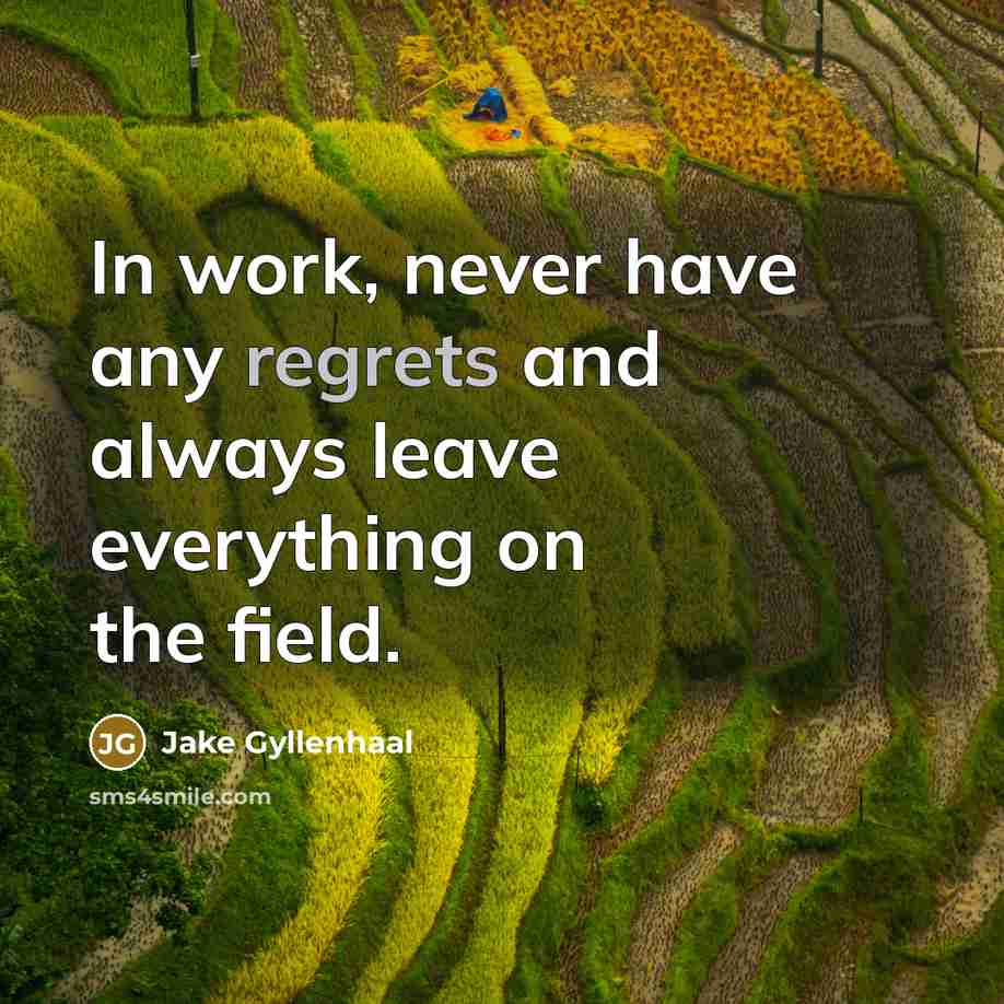 “In work, never have any regrets and always leave everything on the field.” quote by Jake Gyllenhaal