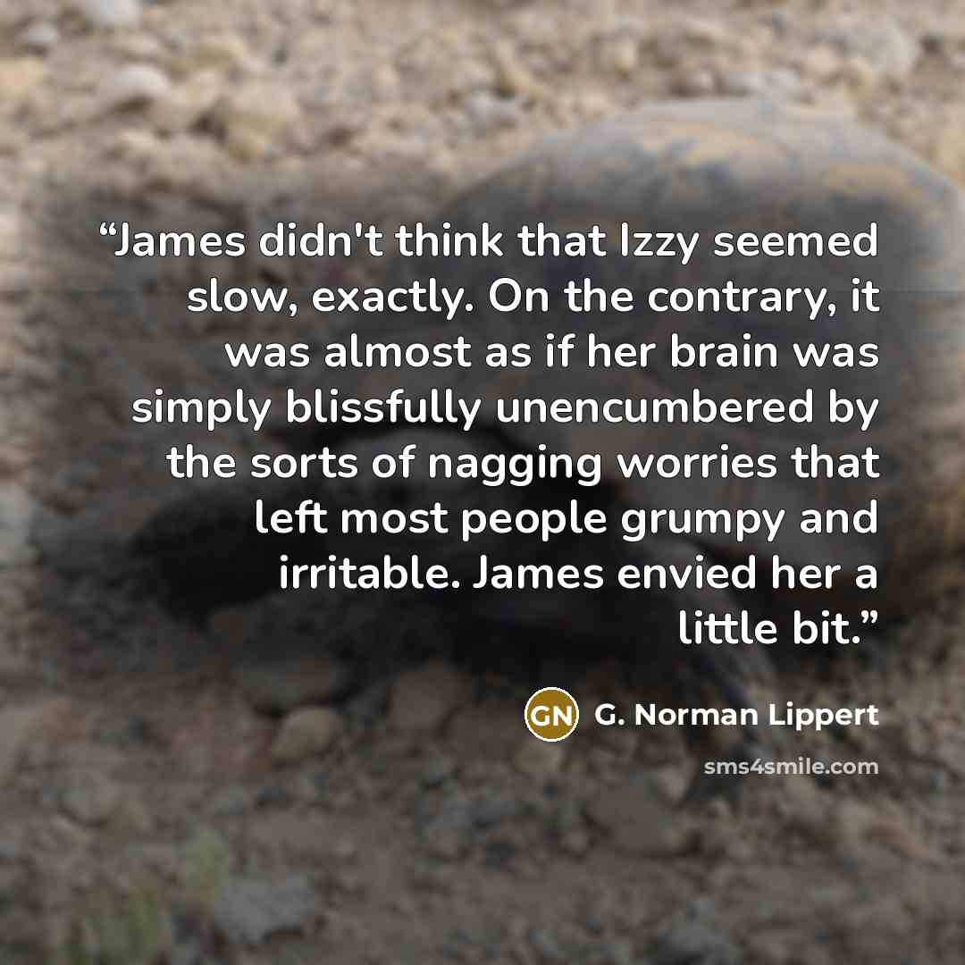 “James didn't think that Izzy seemed slow, exactly. On the contrary, it was almost as if her brain was simply blissfully unencumbered by the sorts of nagging worries that left most people grumpy and irritable. James envied her a little bit.” quote by G. Norman Lippert