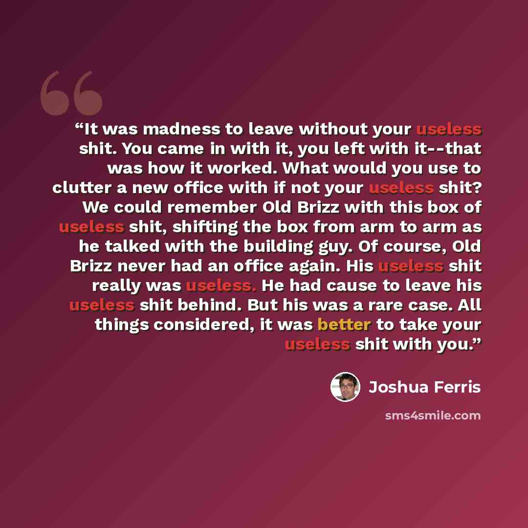 “It was madness to leave without your useless shit. You came in with it, you left with it--that was how it worked. What would you use to clutter a new office with if not your useless shit? We could remember Old Brizz with this box of useless shit, shifting the box from arm to arm as he talked with…” quote by Joshua Ferris