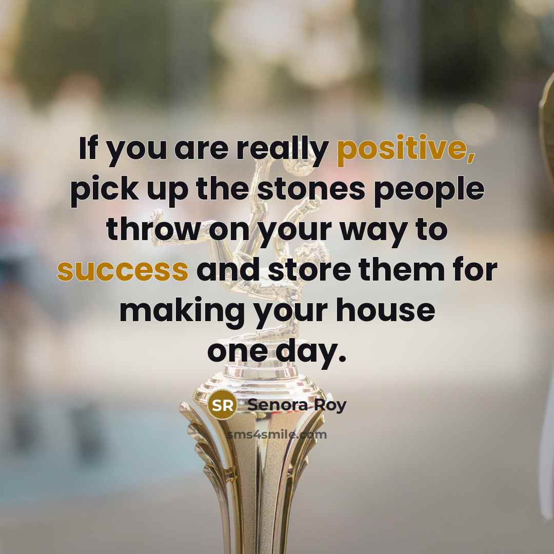 “If you are really positive, pick up the stones people throw on your way to success and store them for making your house one day.” quote by Senora Roy