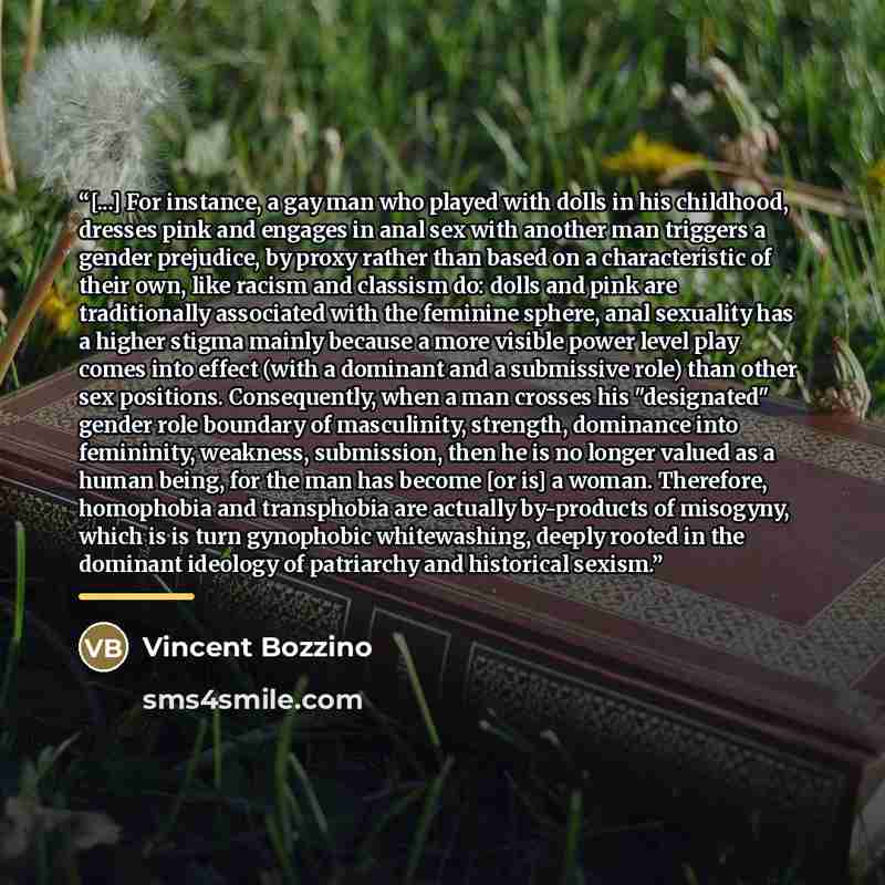 “[...] For instance, a gay man who played with dolls in his childhood, dresses pink and engages in anal sex with another man triggers a gender prejudice, by proxy rather than based on a characteristic of their own, like racism and classism do: dolls and pink are traditionally associated with the…” quote by Vincent Bozzino