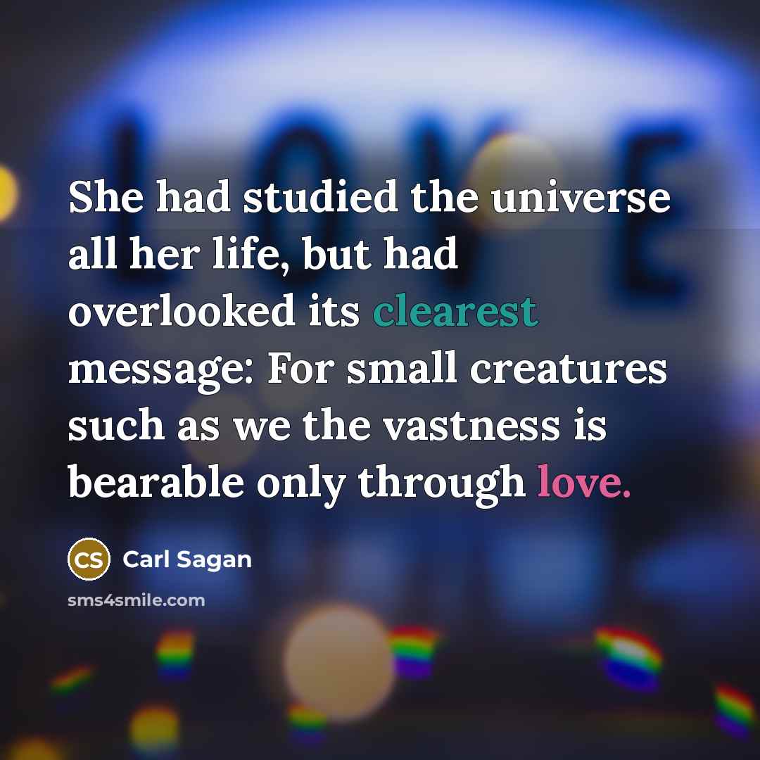 “She had studied the universe all her life, but had overlooked its clearest message: For small creatures such as we the vastness is bearable only through love.” quote by Carl Sagan