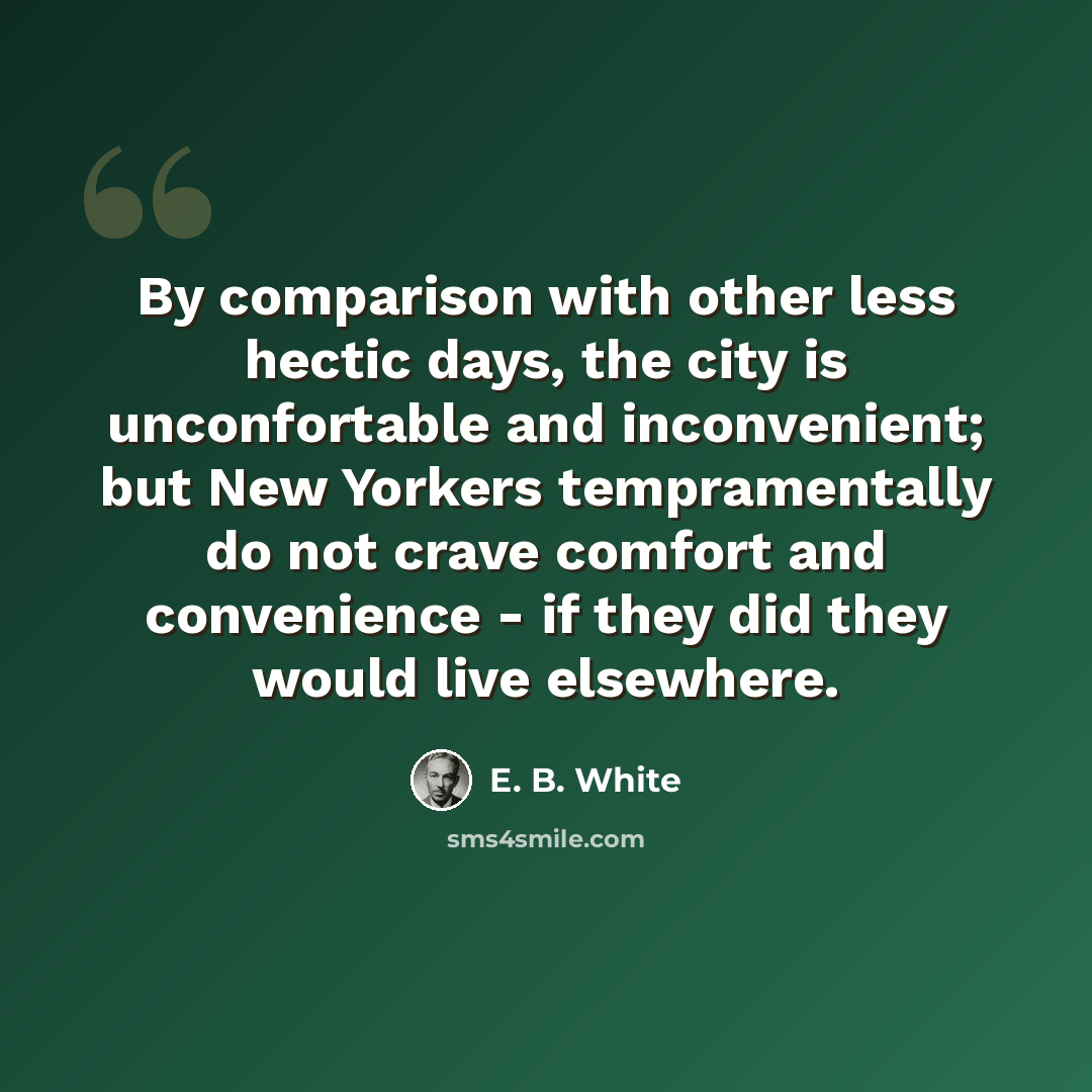 “By comparison with other less hectic days, the city is unconfortable and inconvenient; but New Yorkers tempramentally do not crave comfort and convenience - if they did they would live elsewhere.” quote by E. B. White