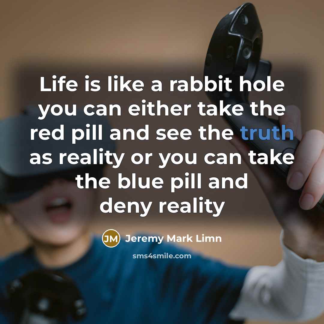 “Life is like a rabbit hole you can either take the red pill and see the truth as reality or you can take the blue pill and deny reality” quote by Jeremy Mark Limn