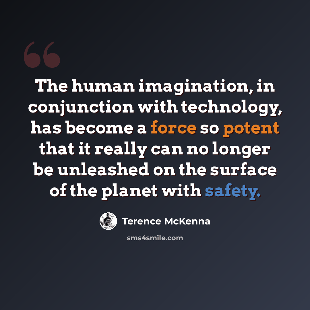 “The human imagination, in conjunction with technology, has become a force so potent that it really can no longer be unleashed on the surface of the planet with safety.” quote by Terence McKenna