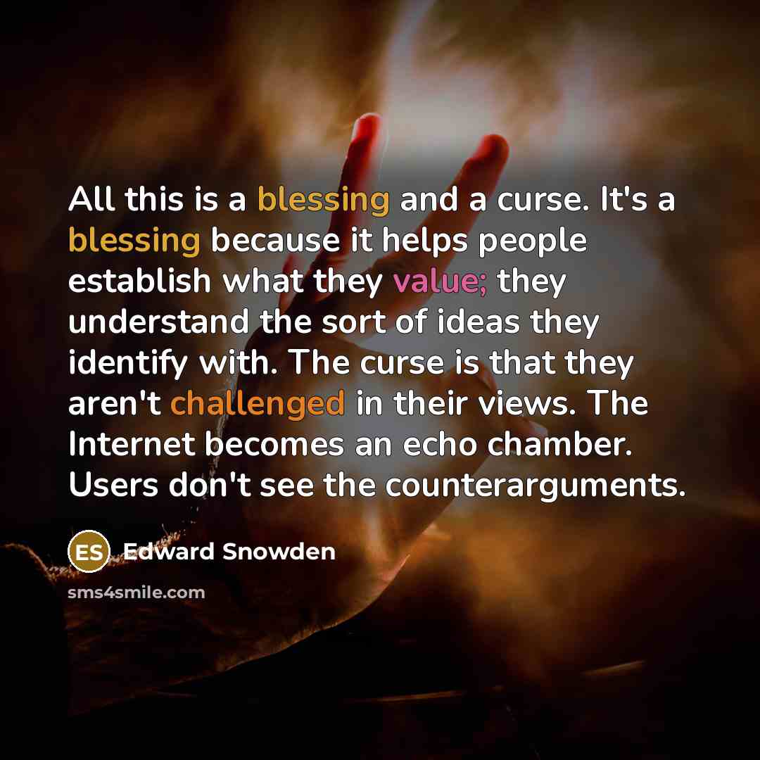 “All this is a blessing and a curse. It's a blessing because it helps people establish what they value; they understand the sort of ideas they identify with. The curse is that they aren't challenged in their views. The Internet becomes an echo chamber. Users don't see the counterarguments.” quote by Edward Snowden