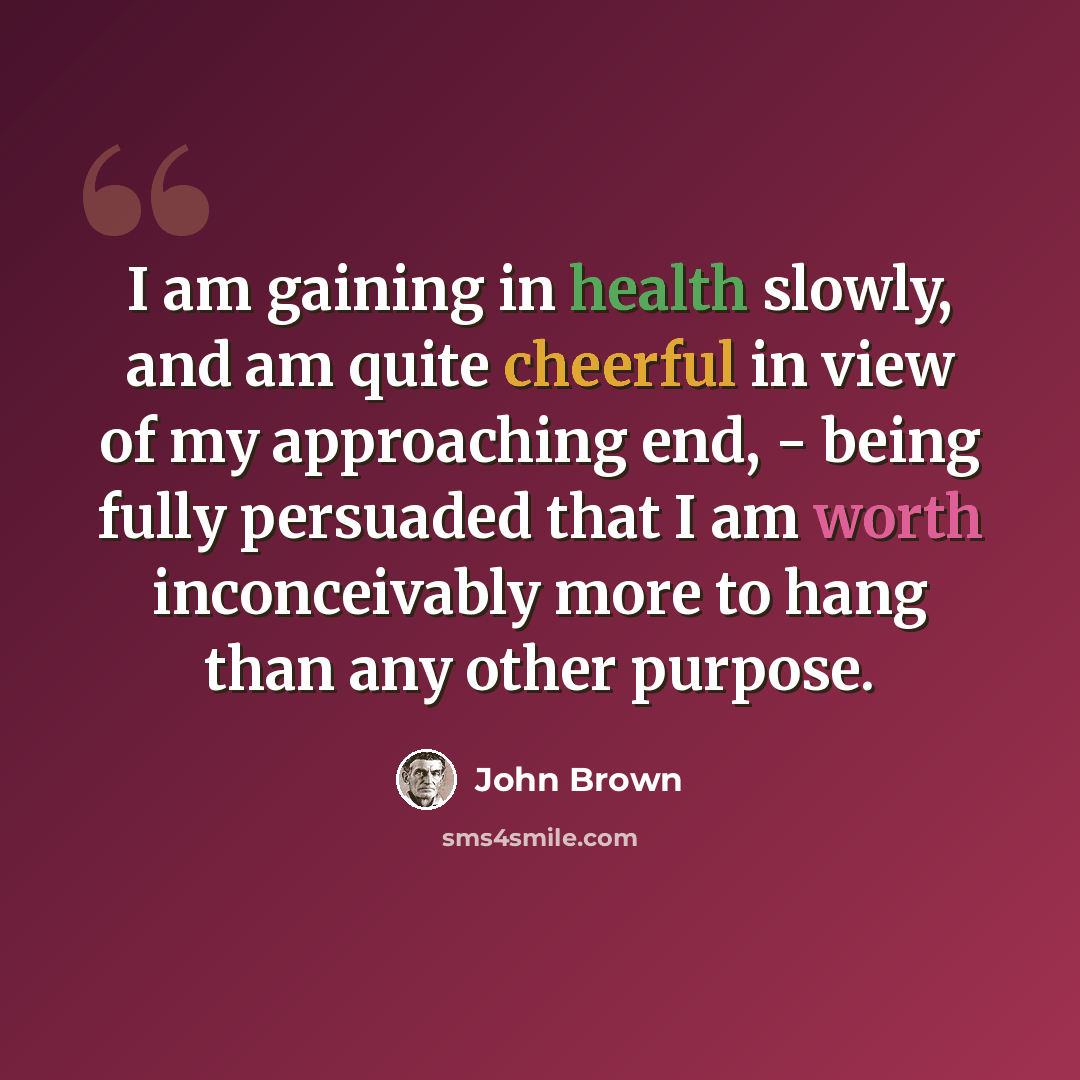 “I am gaining in health slowly, and am quite cheerful in view of my approaching end, - being fully persuaded that I am worth inconceivably more to hang than any other purpose.” quote by John Brown