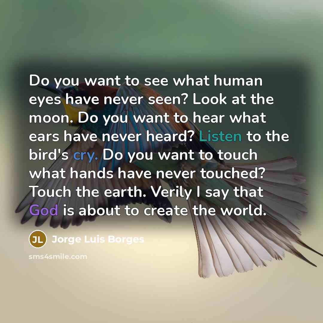 “Do you want to see what human eyes have never seen? Look at the moon. Do you want to hear what ears have never heard? Listen to the bird's cry. Do you want to touch what hands have never touched? Touch the earth. Verily I say that God is about to create the world.” quote by Jorge Luis Borges