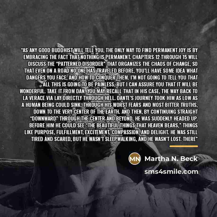 “As any good Buddhist will tell you, the only way to find permanent joy is by embracing the fact that nothing is permanent. Chapters 12 through 15 will discuss the “patterned disorder” that organizes the chaos of change, so that even on a road no one has traveled before, you’ll have some idea what…” quote by Martha N. Beck