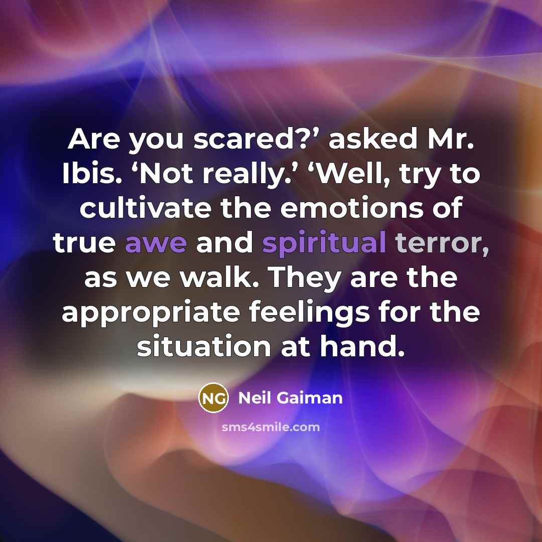 “Are you scared?’ asked Mr. Ibis. ‘Not really.’ ‘Well, try to cultivate the emotions of true awe and spiritual terror, as we walk. They are the appropriate feelings for the situation at hand.” quote by Neil Gaiman