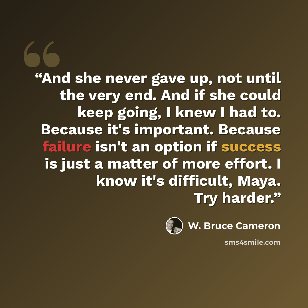 “And she never gave up, not until the very end. And if she could keep going, I knew I had to. Because it's important. Because failure isn't an option if success is just a matter of more effort. I know it's difficult, Maya. Try harder.” quote by W. Bruce Cameron