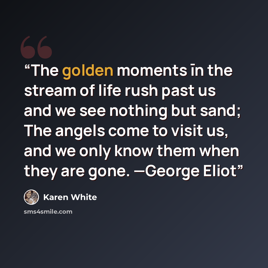 “The golden moments īn the stream of life rush past us and we see nothing but sand; The angels come to visit us, and we only know them when they are gone. —George Eliot” quote by Karen White