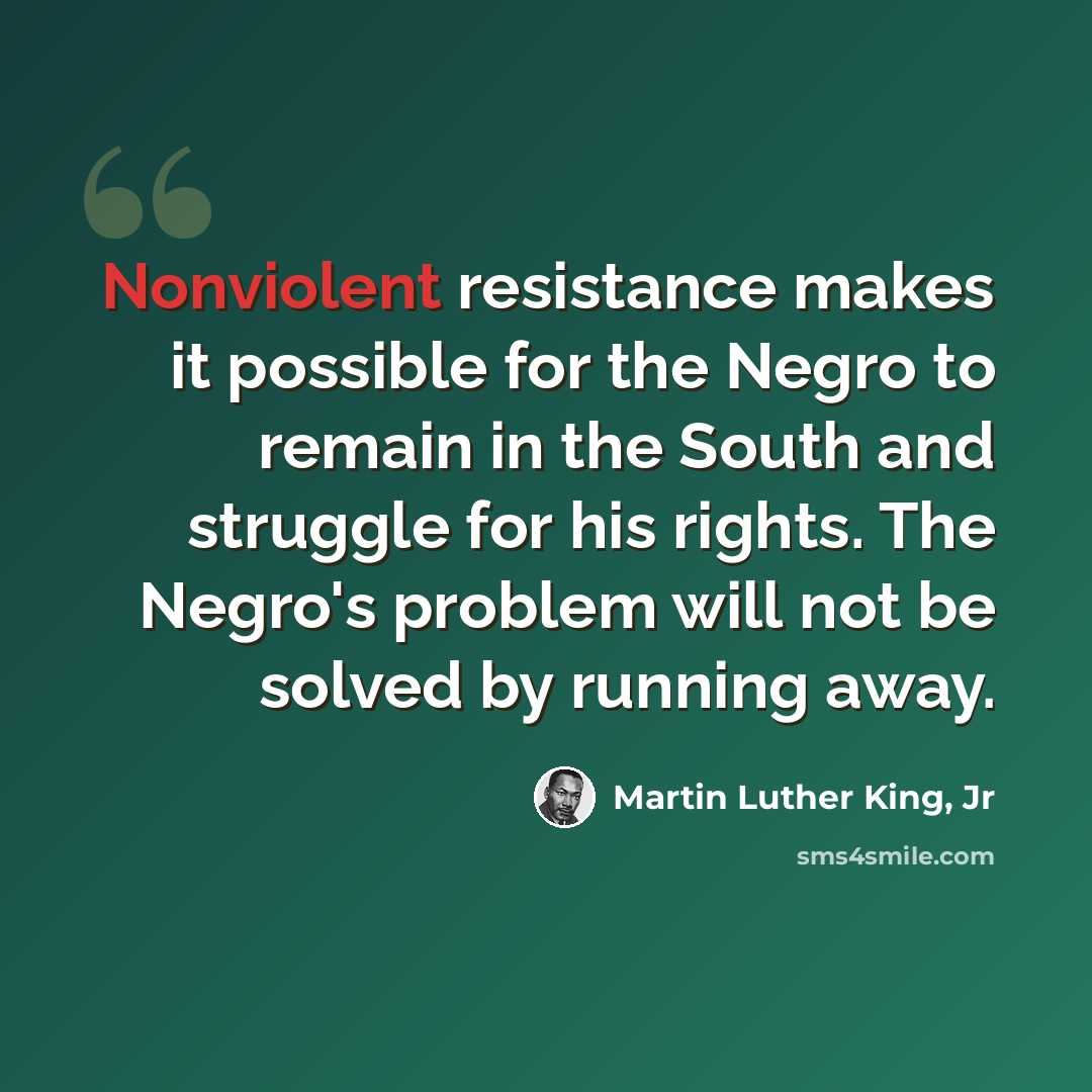 “Nonviolent resistance makes it possible for the Negro to remain in the South and struggle for his rights. The Negro's problem will not be solved by running away.” quote by Martin Luther King, Jr