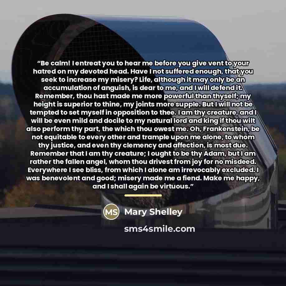 “Be calm! I entreat you to hear me before you give vent to your hatred on my devoted head. Have I not suffered enough, that you seek to increase my misery? Life, although it may only be an accumulation of anguish, is dear to me, and I will defend it. Remember, thou hast made me more powerful than…” quote by Mary Shelley