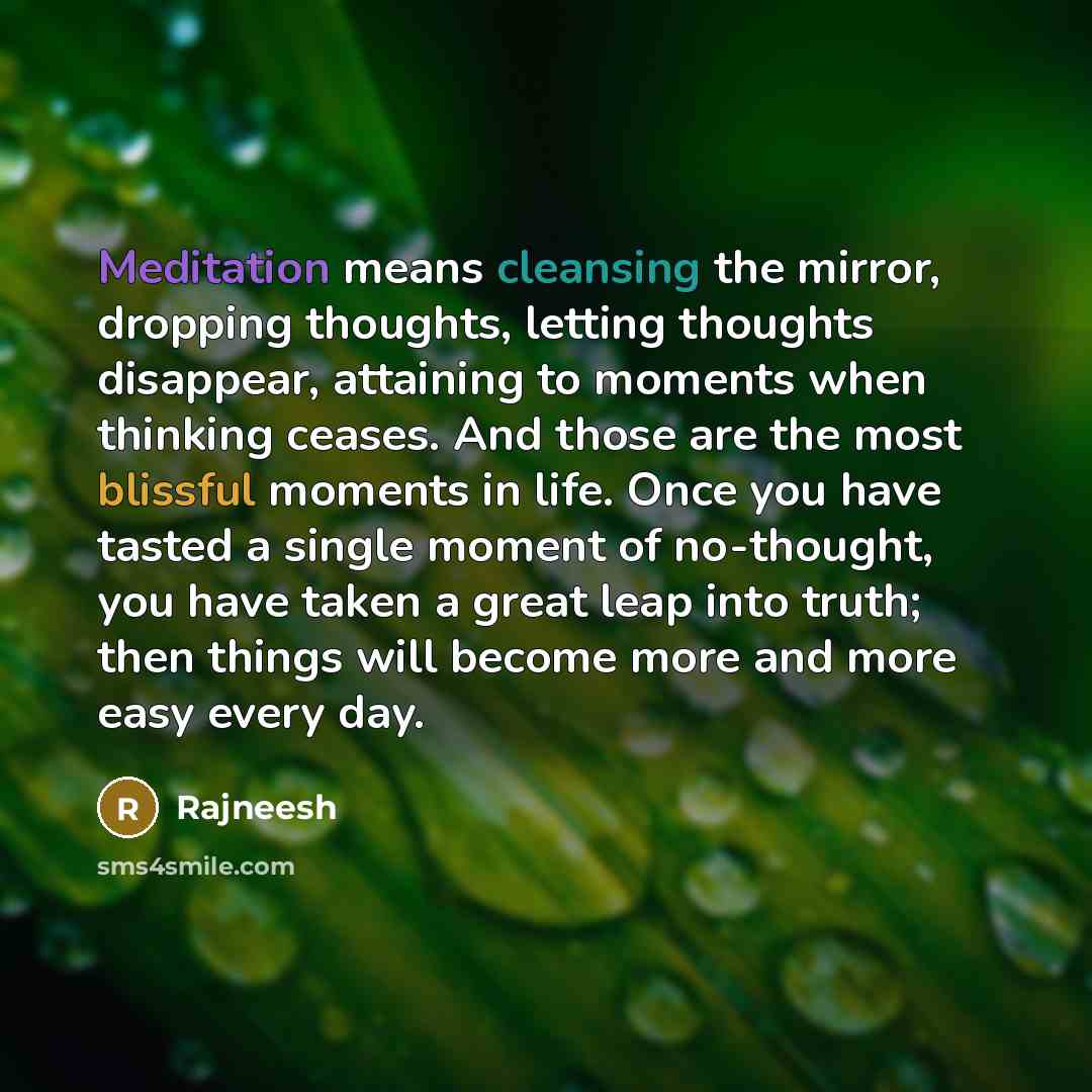 “Meditation means cleansing the mirror, dropping thoughts, letting thoughts disappear, attaining to moments when thinking ceases. And those are the most blissful moments in life. Once you have tasted a single moment of no-thought, you have taken a great leap into truth; then things will become more…” quote by Rajneesh
