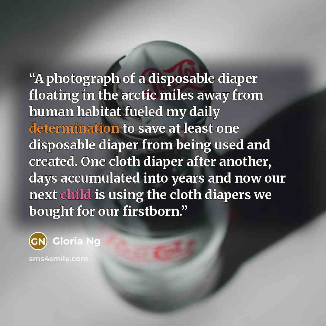 “A photograph of a disposable diaper floating in the arctic miles away from human habitat fueled my daily determination to save at least one disposable diaper from being used and created. One cloth diaper after another, days accumulated into years and now our next child is using the cloth diapers…” quote by Gloria Ng