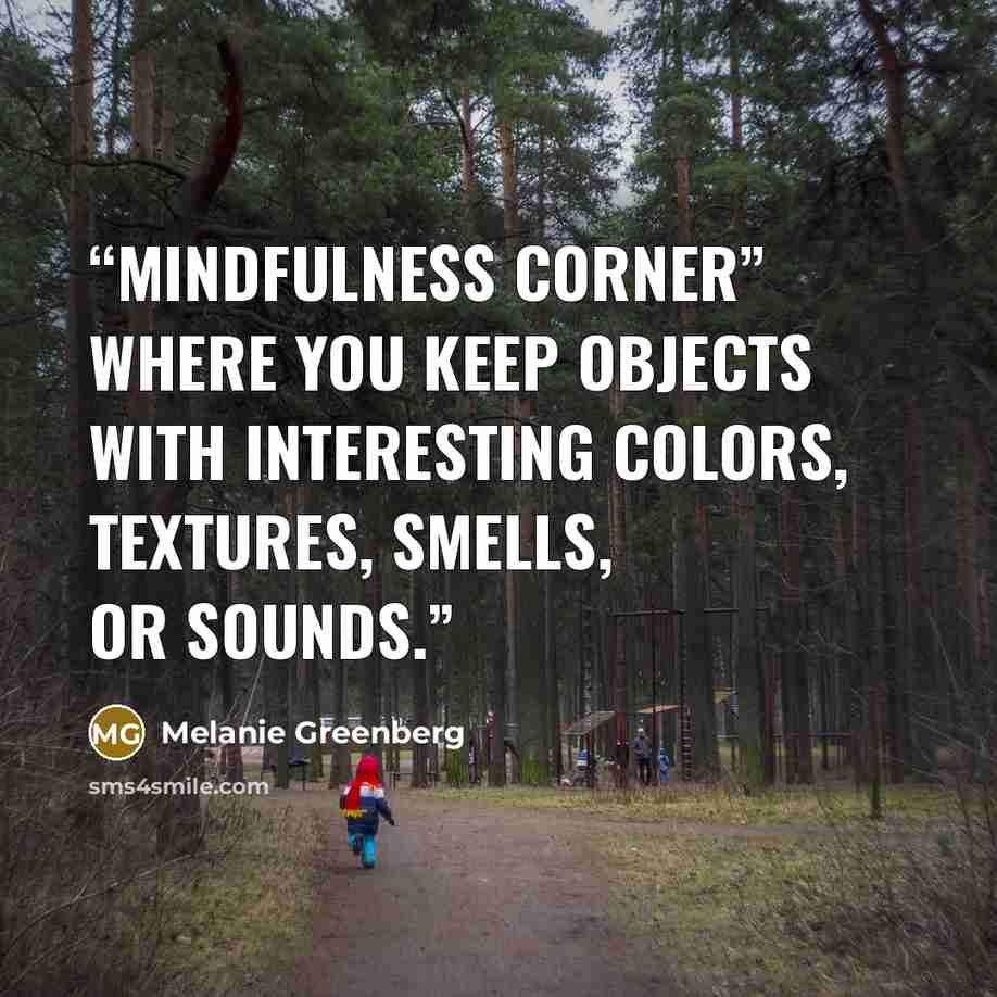 “mindfulness corner” where you keep objects with interesting colors, textures, smells, or sounds.” quote by Melanie Greenberg