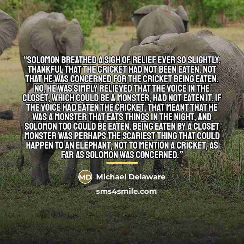 “Solomon breathed a sigh of relief ever so slightly, thankful that the cricket had not been eaten. Not that he was concerned for the cricket being eaten. No, he was simply relieved that the voice in the closet, which could be a monster, had not eaten it. If the voice had eaten the cricket, that…” quote by Michael Delaware