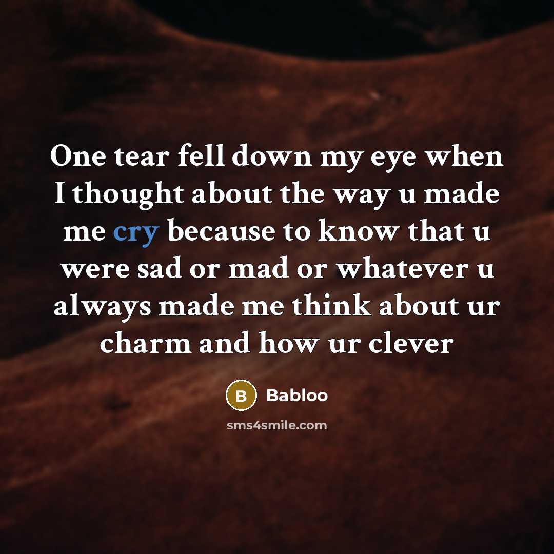 “One tear fell down my eye when I thought about the way u made me cry because to know that u were sad or mad or whatever u always made me think about ur charm and how ur clever” quote by Babloo
