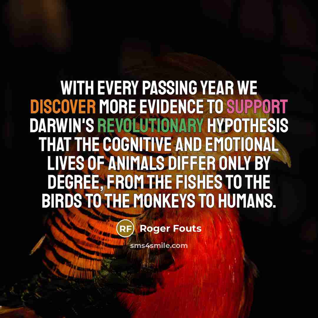 “With every passing year we discover more evidence to support Darwin's revolutionary hypothesis that the cognitive and emotional lives of animals differ only by degree, from the fishes to the birds to the monkeys to humans.” quote by Roger Fouts