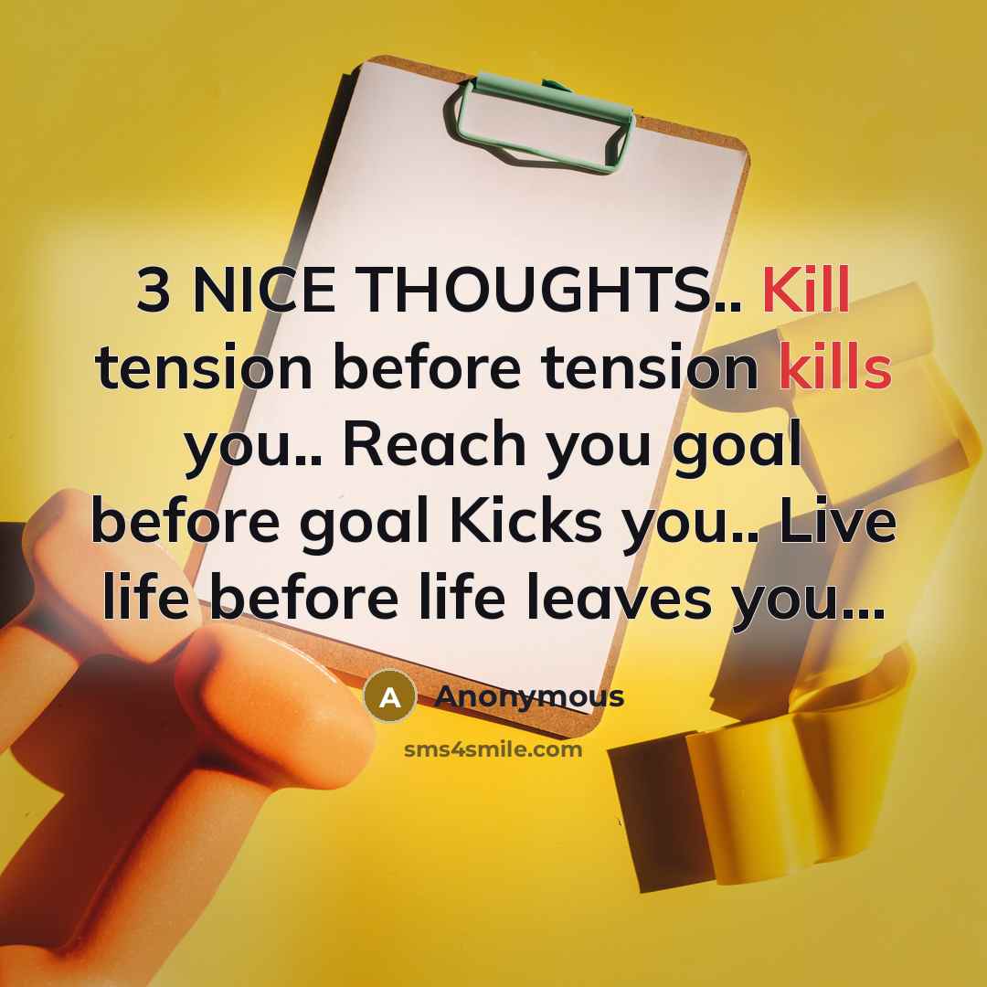 “3 NICE THOUGHTS.. Kill tension before tension kills you.. Reach you goal before goal Kicks you.. Live life before life leaves you...” quote by Anonymous