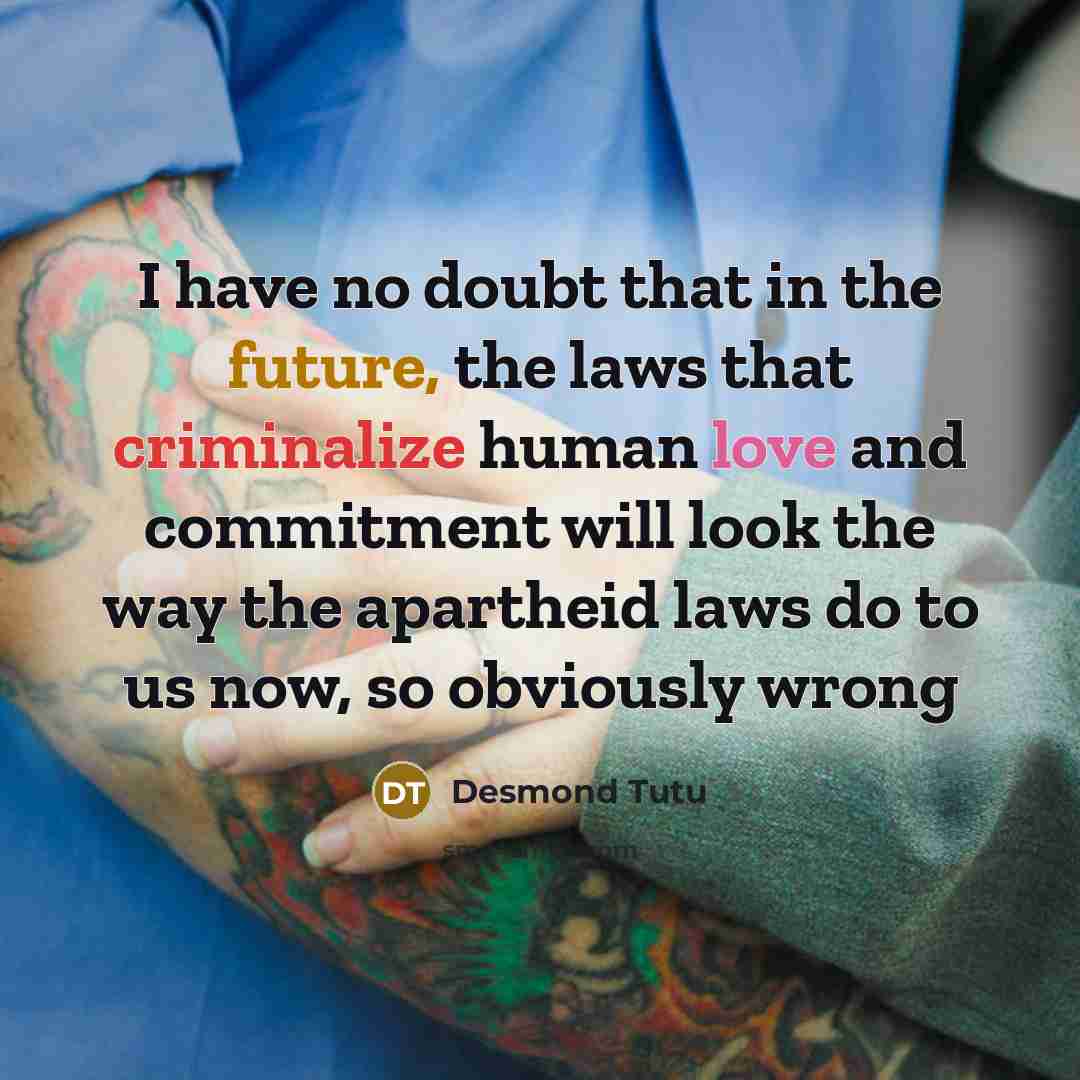 “I have no doubt that in the future, the laws that criminalize human love and commitment will look the way the apartheid laws do to us now, so obviously wrong” quote by Desmond Tutu
