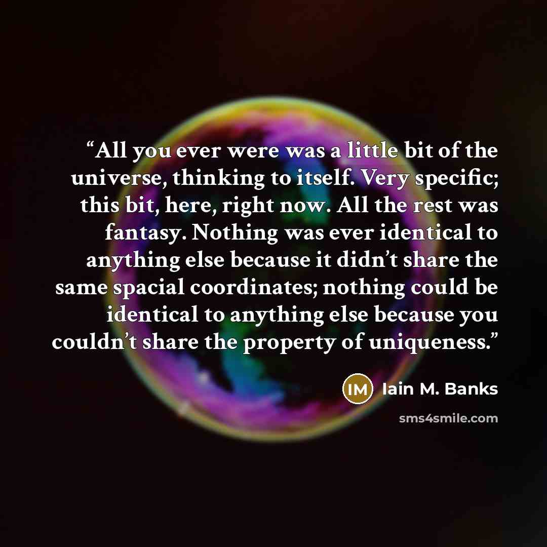 “All you ever were was a little bit of the universe, thinking to itself. Very specific; this bit, here, right now. All the rest was fantasy. Nothing was ever identical to anything else because it didn’t share the same spacial coordinates; nothing could be identical to anything else because you…” quote by Iain M. Banks