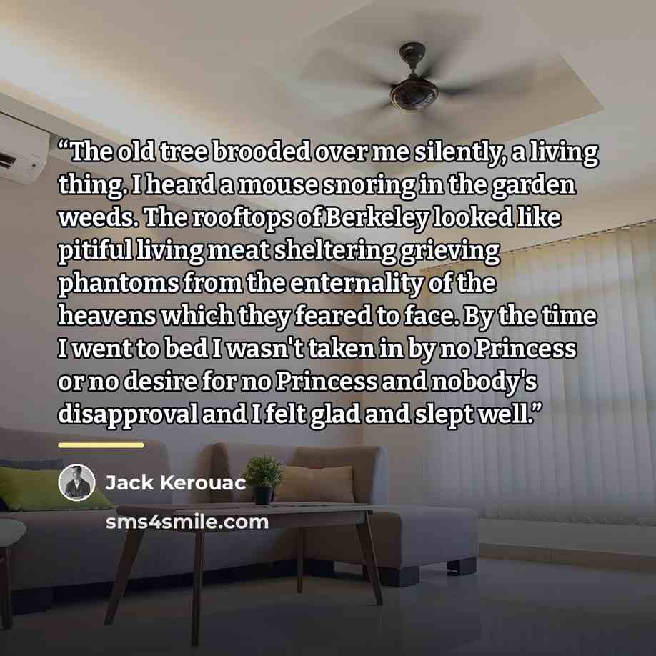 “The old tree brooded over me silently, a living thing. I heard a mouse snoring in the garden weeds. The rooftops of Berkeley looked like pitiful living meat sheltering grieving phantoms from the enternality of the heavens which they feared to face. By the time I went to bed I wasn't taken in by no…” quote by Jack Kerouac
