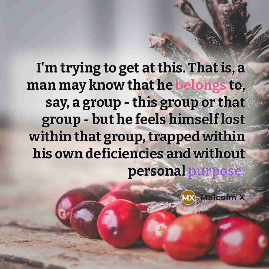 “I'm trying to get at this. That is, a man may know that he belongs to, say, a group - this group or that group - but he feels himself lost within that group, trapped within his own deficiencies and without personal purpose.” quote by Malcolm X