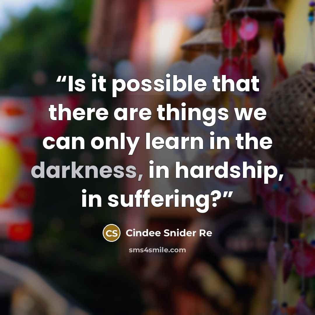“Is it possible that there are things we can only learn in the darkness, in hardship, in suffering?” quote by Cindee Snider Re