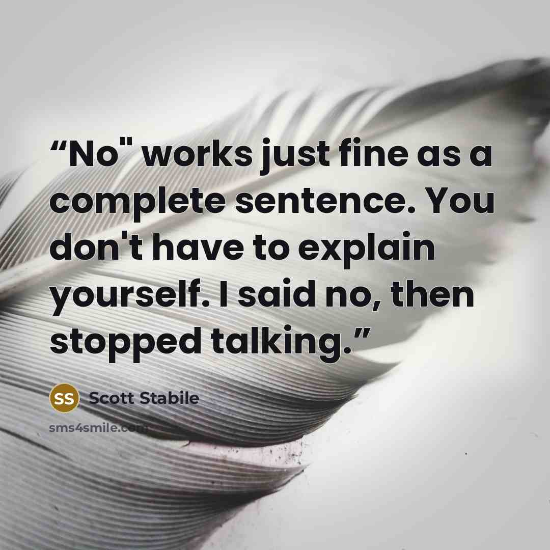 “No" works just fine as a complete sentence. You don't have to explain yourself. I said no, then stopped talking.” quote by Scott Stabile
