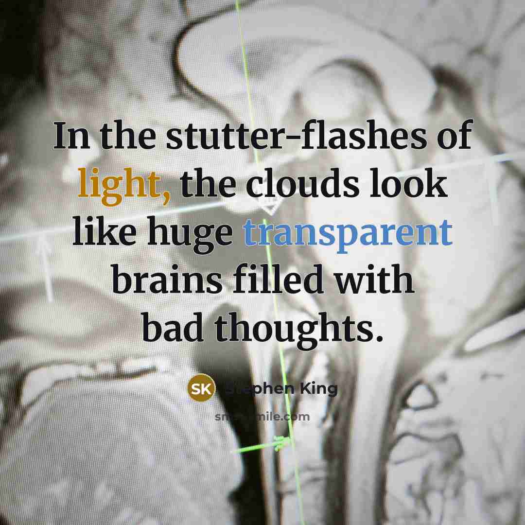 “In the stutter-flashes of light, the clouds look like huge transparent brains filled with bad thoughts.” quote by Stephen King