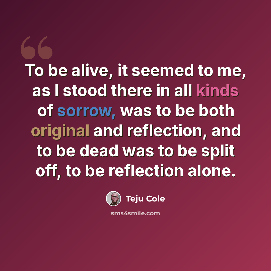 “To be alive, it seemed to me, as I stood there in all kinds of sorrow, was to be both original and reflection, and to be dead was to be split off, to be reflection alone.” quote by Teju Cole