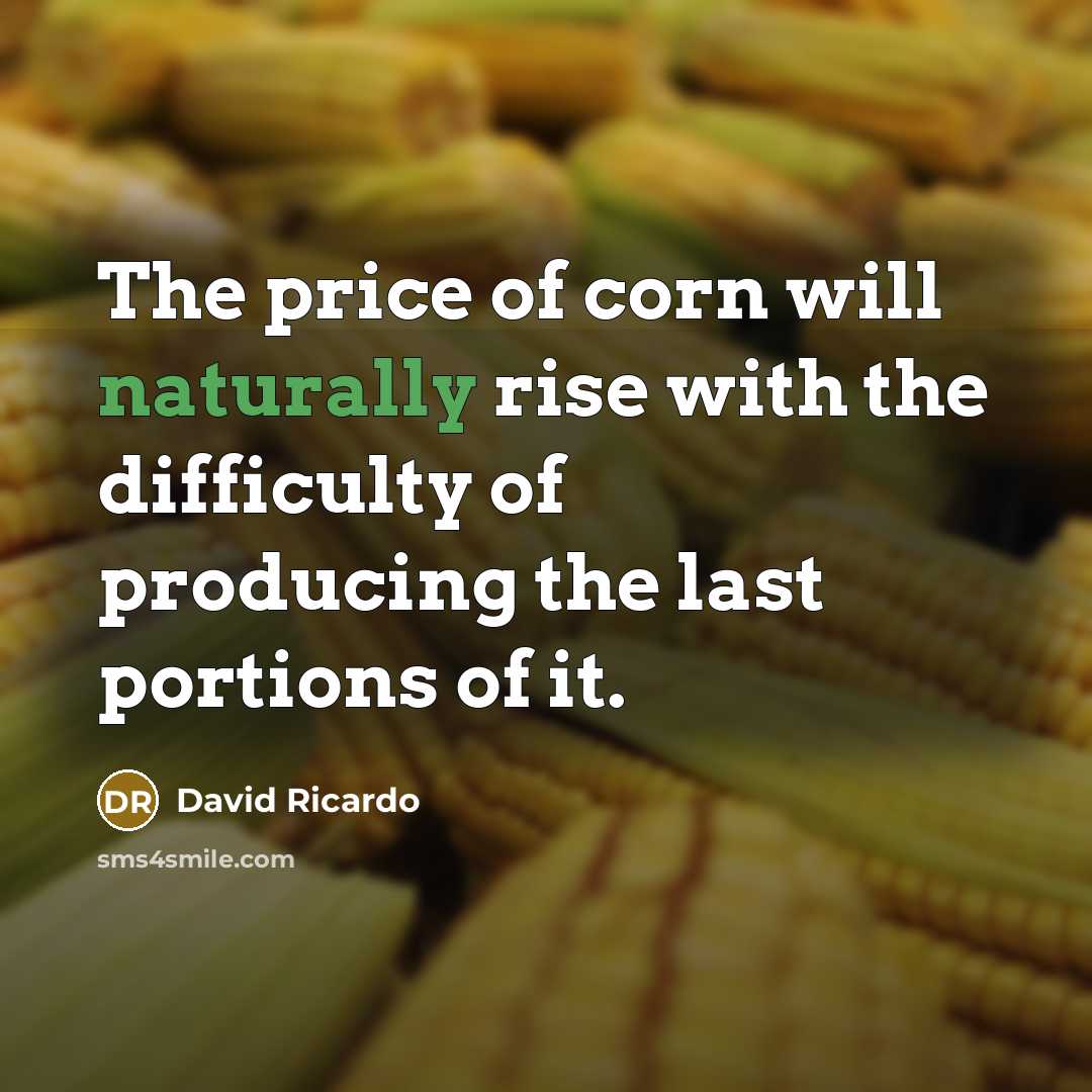 “The price of corn will naturally rise with the difficulty of producing the last portions of it.” quote by David Ricardo