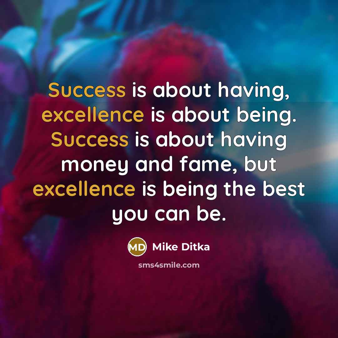 “Success is about having, excellence is about being. Success is about having money and fame, but excellence is being the best you can be.” quote by Mike Ditka