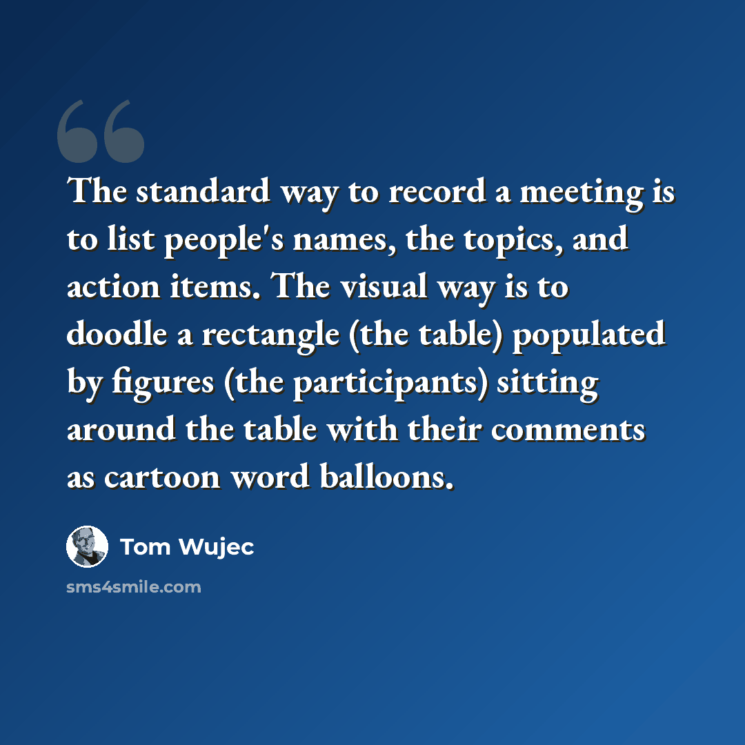 “The standard way to record a meeting is to list people's names, the topics, and action items. The visual way is to doodle a rectangle (the table) populated by figures (the participants) sitting around the table with their comments as cartoon word balloons.” quote by Tom Wujec