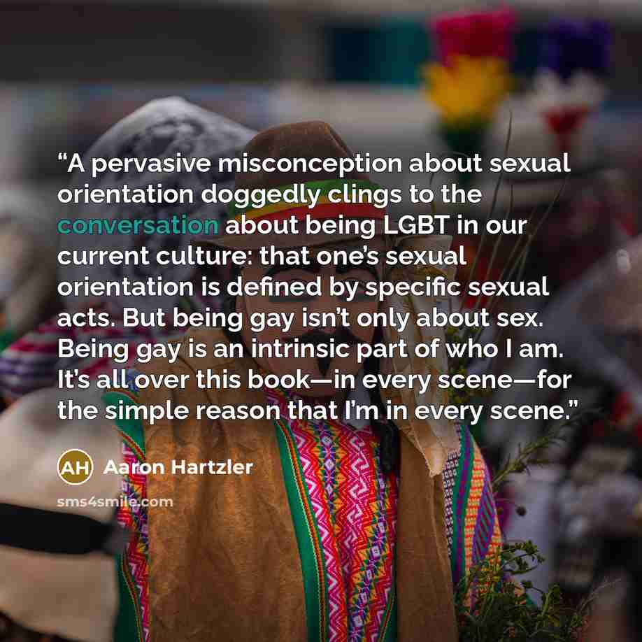 “A pervasive misconception about sexual orientation doggedly clings to the conversation about being LGBT in our current culture: that one’s sexual orientation is defined by specific sexual acts. But being gay isn’t only about sex. Being gay is an intrinsic part of who I am. It’s all over this…” quote by Aaron Hartzler