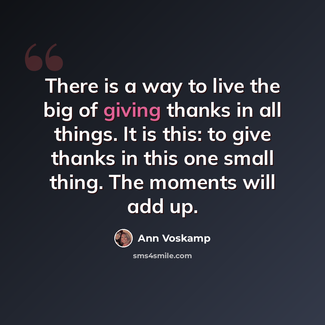 “There is a way to live the big of giving thanks in all things. It is this: to give thanks in this one small thing. The moments will add up.” quote by Ann Voskamp