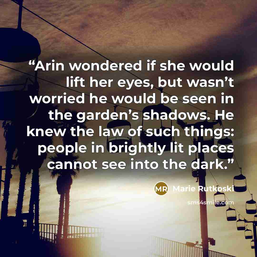 “Arin wondered if she would lift her eyes, but wasn’t worried he would be seen in the garden’s shadows. He knew the law of such things: people in brightly lit places cannot see into the dark.” quote by Marie Rutkoski