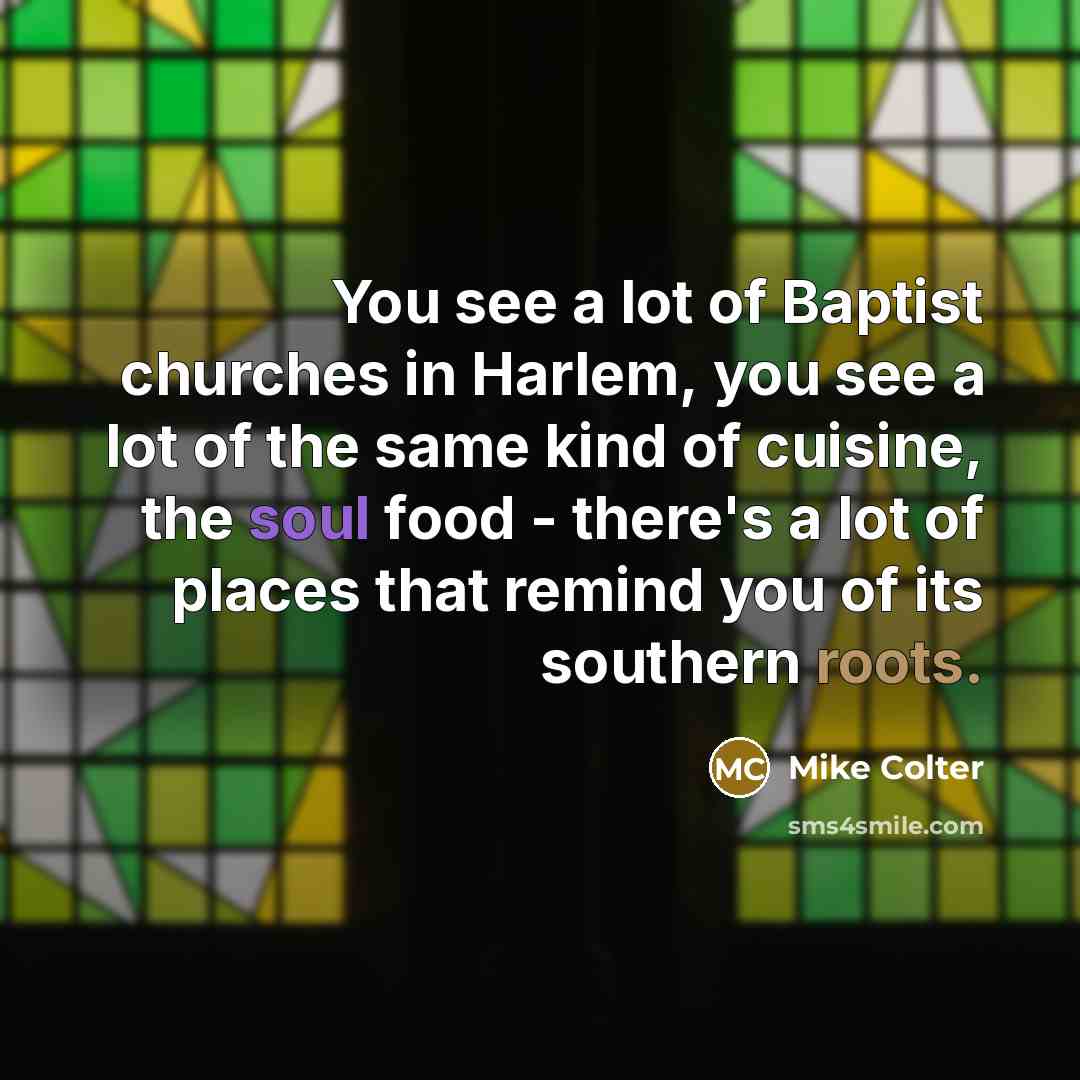 “You see a lot of Baptist churches in Harlem, you see a lot of the same kind of cuisine, the soul food - there's a lot of places that remind you of its southern roots.” quote by Mike Colter