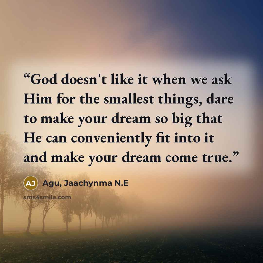“God doesn't like it when we ask Him for the smallest things, dare to make your dream so big that He can conveniently fit into it and make your dream come true.” quote by Agu, Jaachynma N.E
