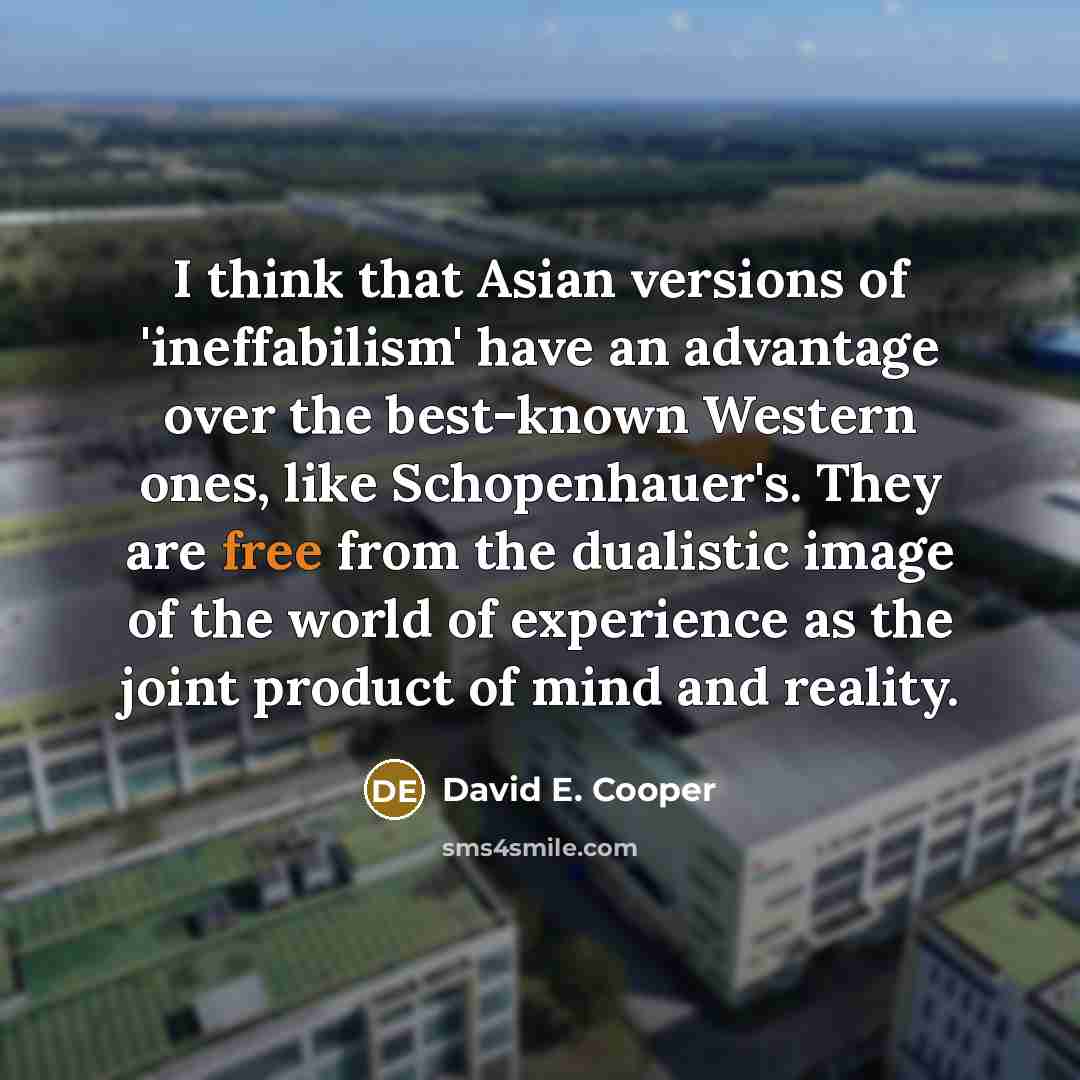 “I think that Asian versions of 'ineffabilism' have an advantage over the best-known Western ones, like Schopenhauer's. They are free from the dualistic image of the world of experience as the joint product of mind and reality.” quote by David E. Cooper