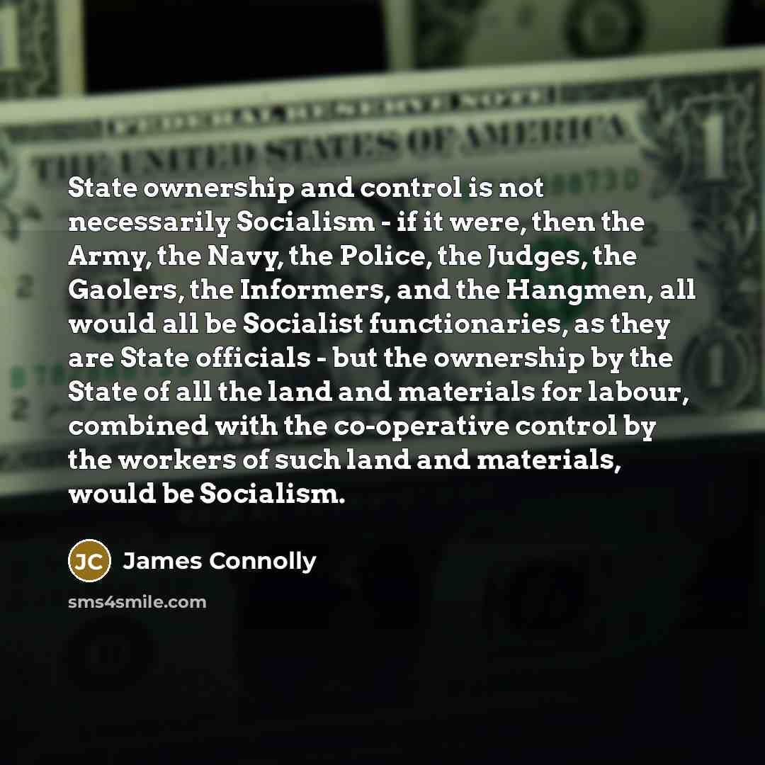 “State ownership and control is not necessarily Socialism - if it were, then the Army, the Navy, the Police, the Judges, the Gaolers, the Informers, and the Hangmen, all would all be Socialist functionaries, as they are State officials - but the ownership by the State of all the land and materials…” quote by James Connolly